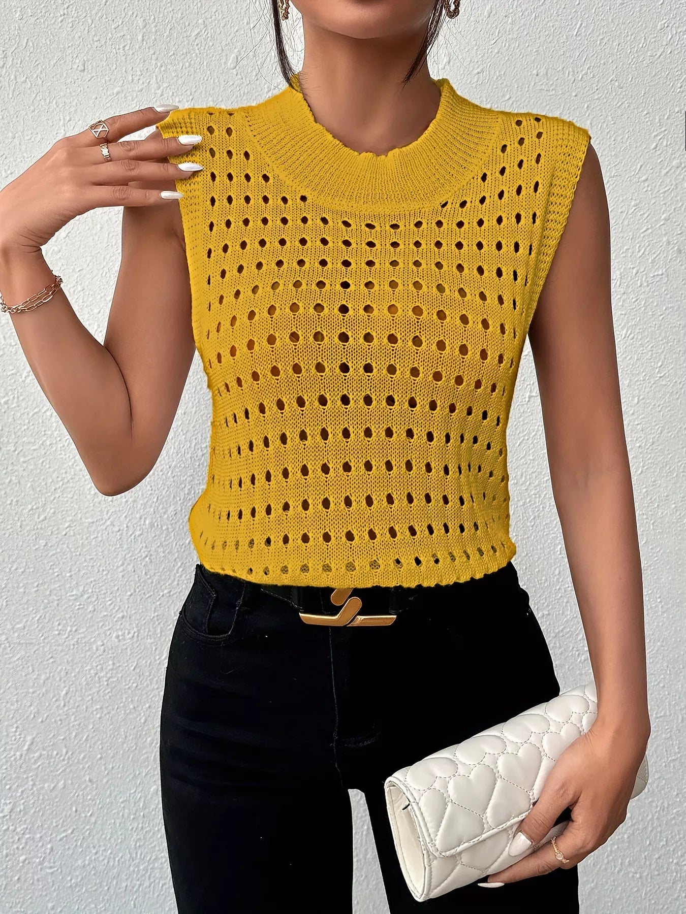 Hollow Out Round Neck Knit Tank OutfitFlow
