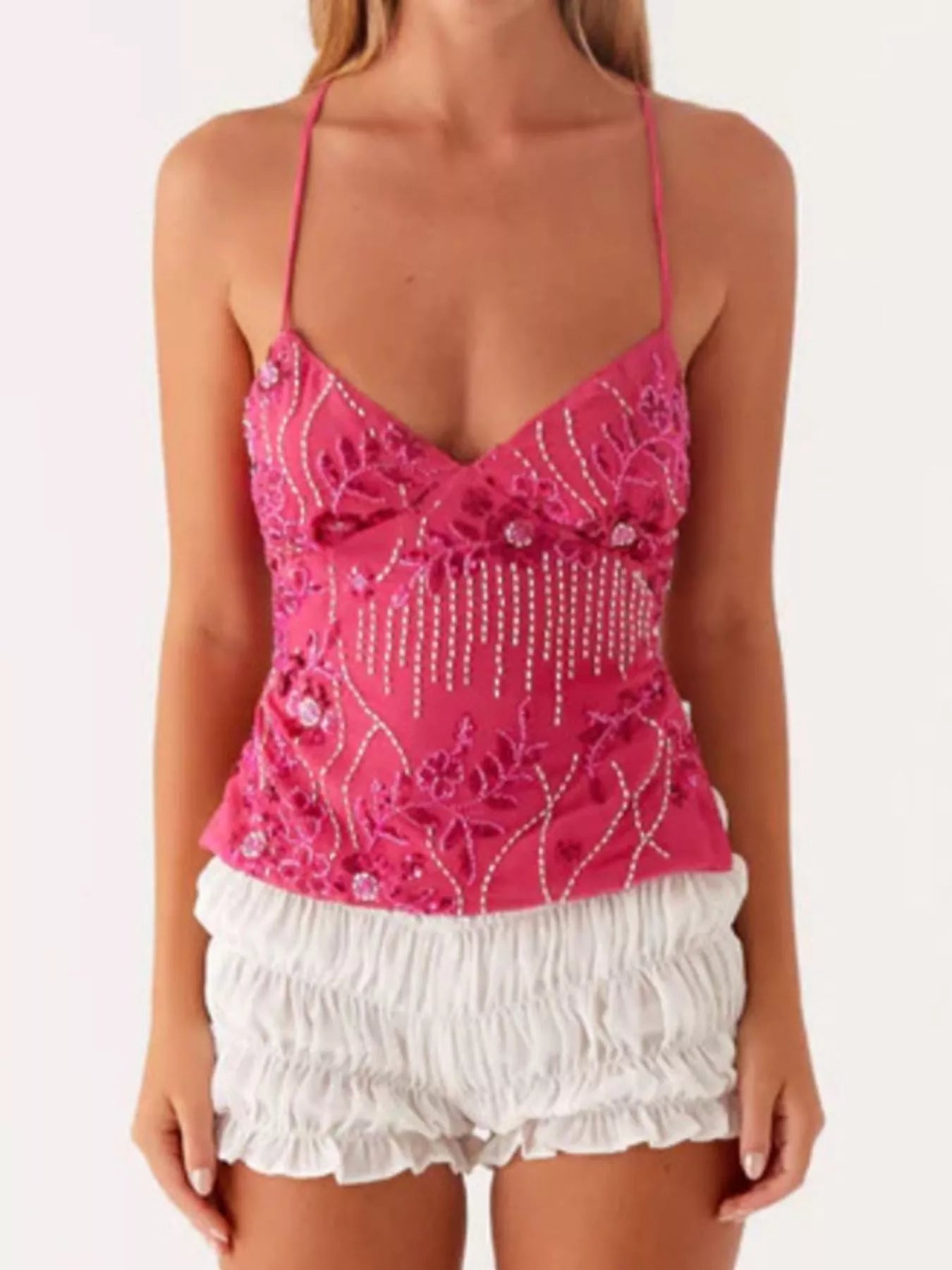 Embroidered Sequin Tie Back Cami OutfitFlow
