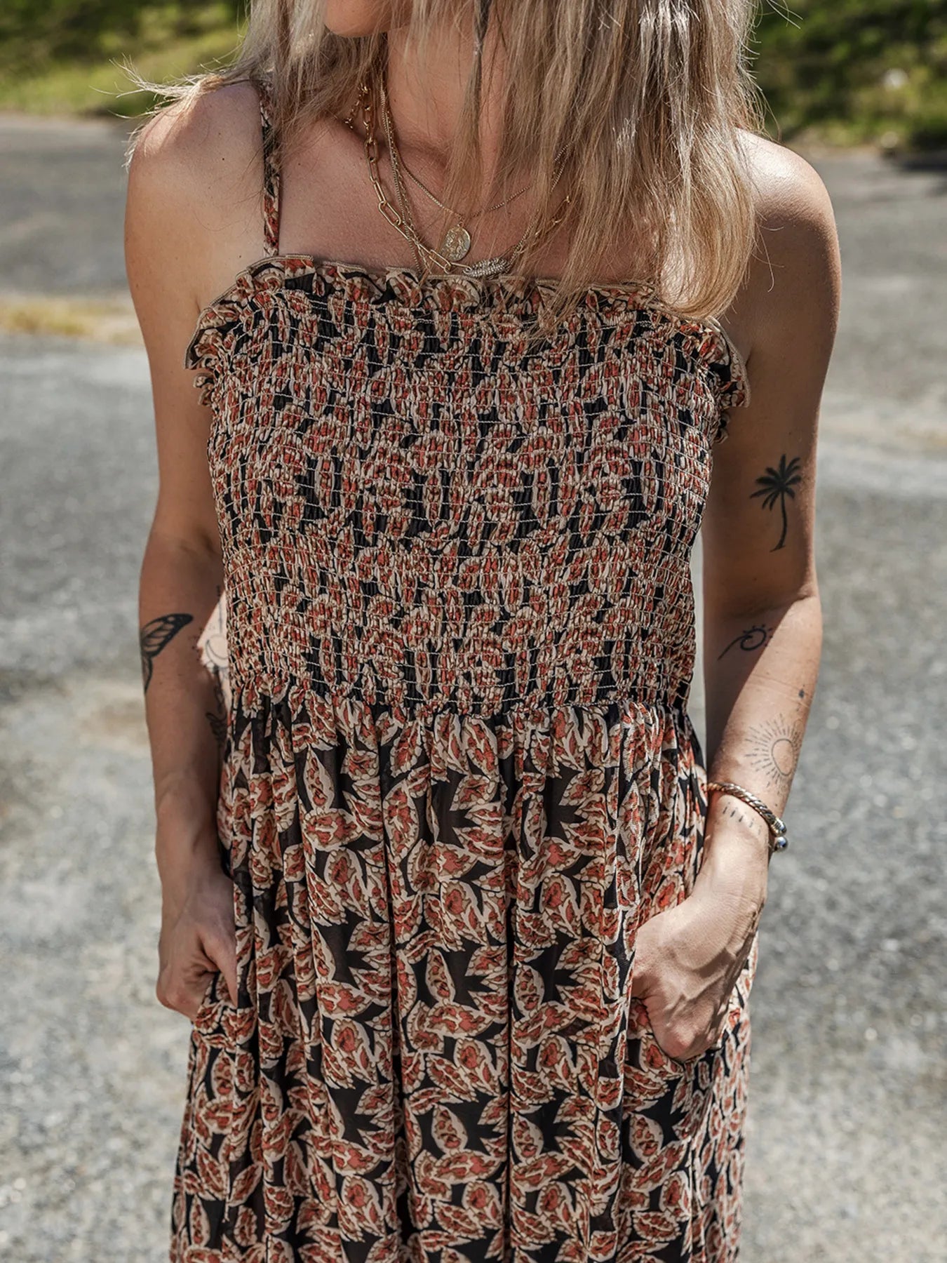Printed Smocked Bodice Maxi Dress OutfitFlow