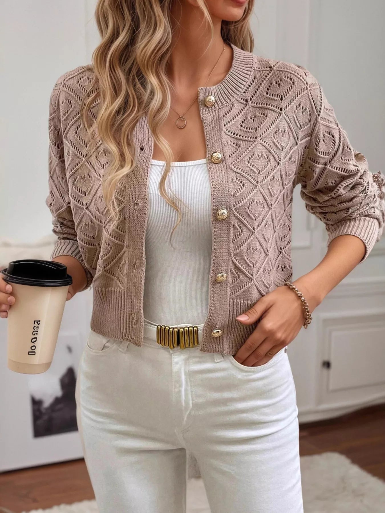Openwork Button Up Long Sleeve Cardigan OutfitFlow