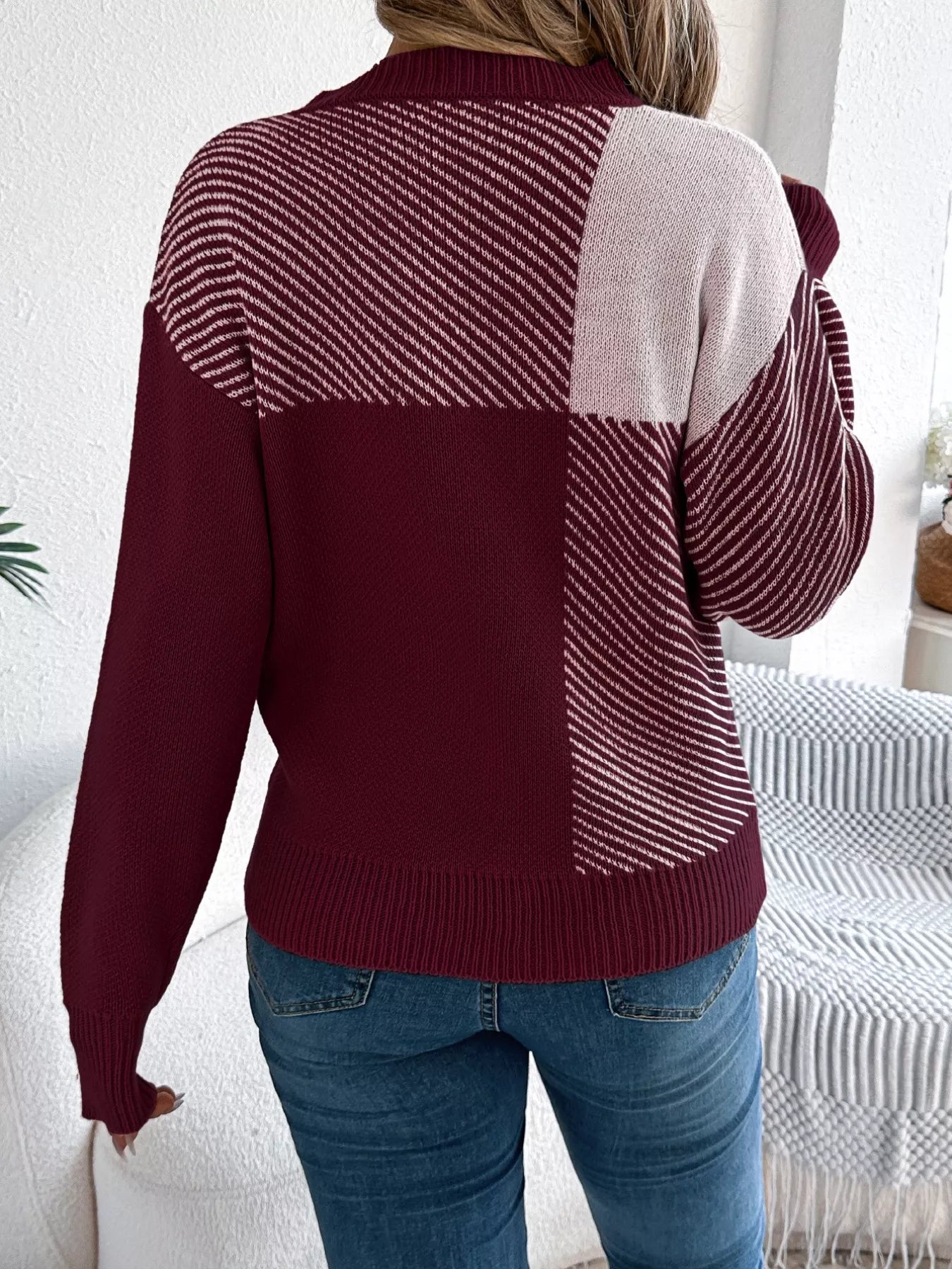 Color Block Striped Round Neck Sweater OutfitFlow