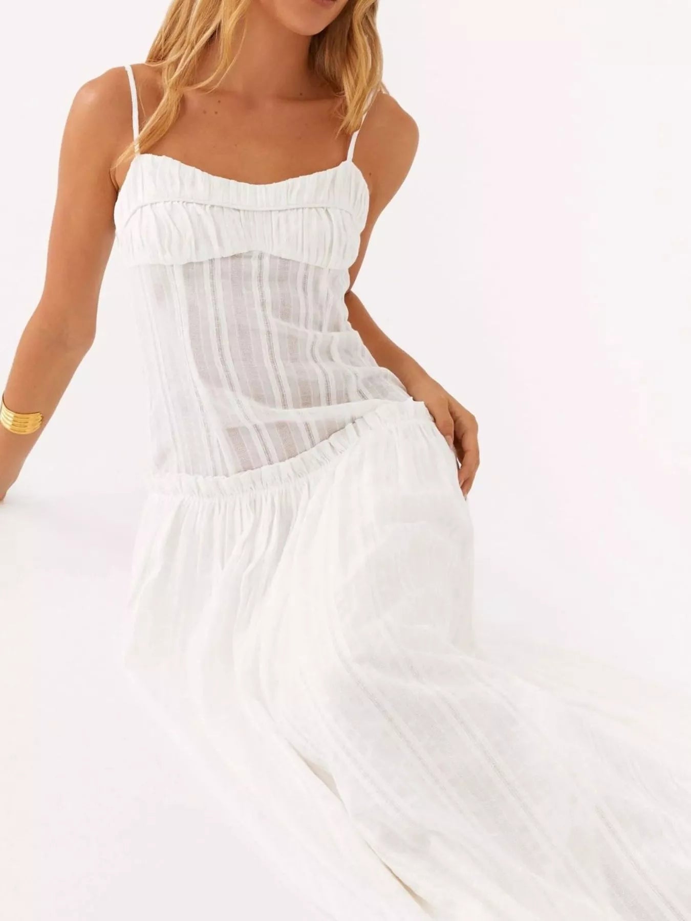 Frill Spaghetti Strap Maxi Dress OutfitFlow