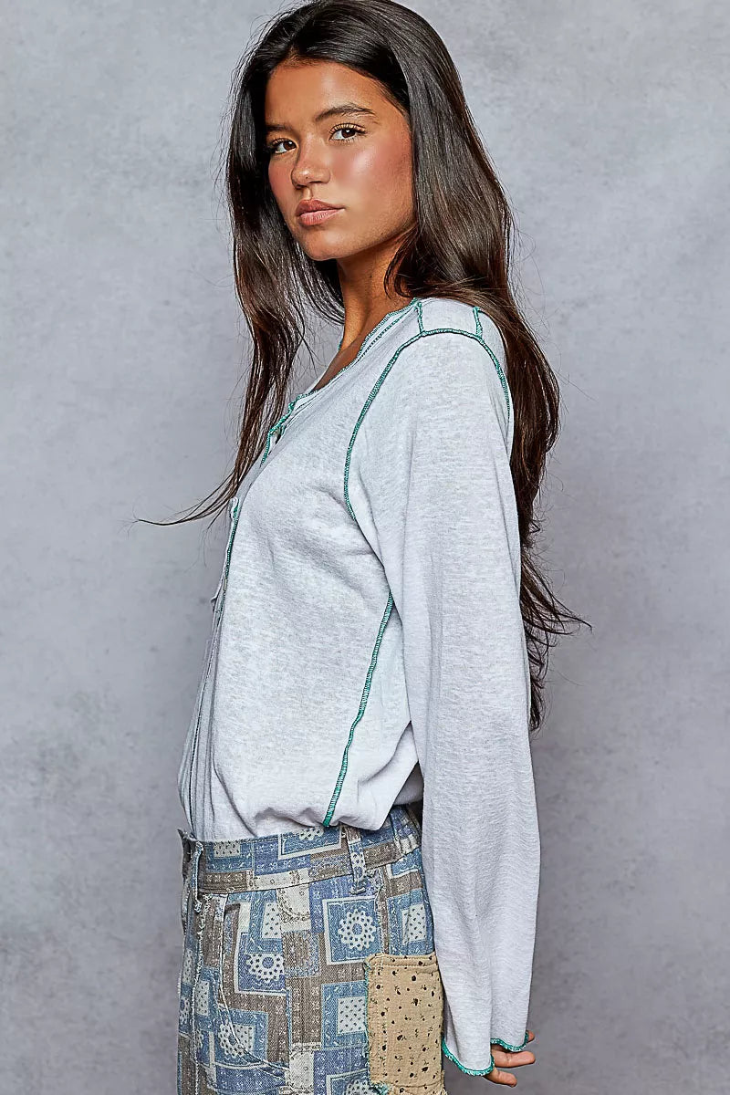 POL Round Neck Long Sleeve Top with Contrast Stitching OutfitFlow