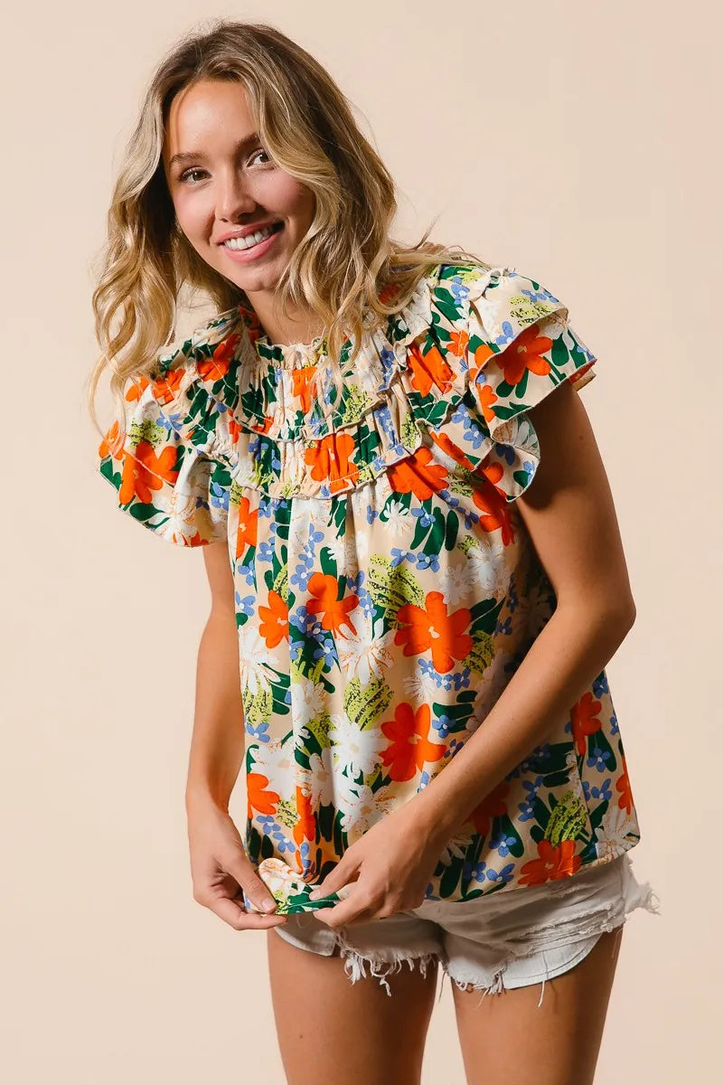 BiBi Multi Color Floral Print Woven Top OutfitFlow
