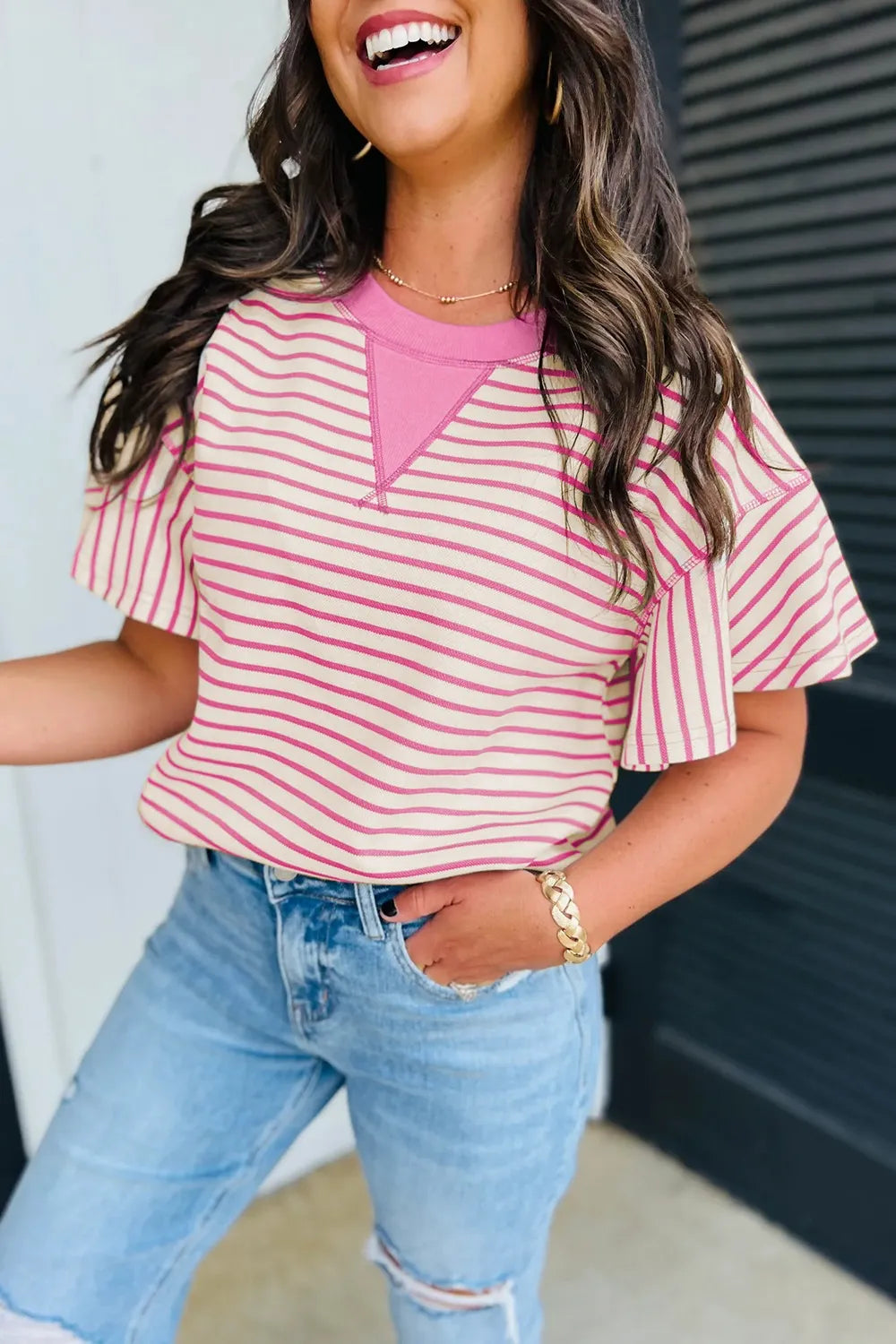 Striped Flounce Sleeve Casual Blouse OutfitFlow