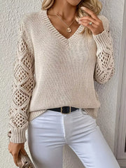 Openwork V-Neck Long Sleeve Sweater OutfitFlow