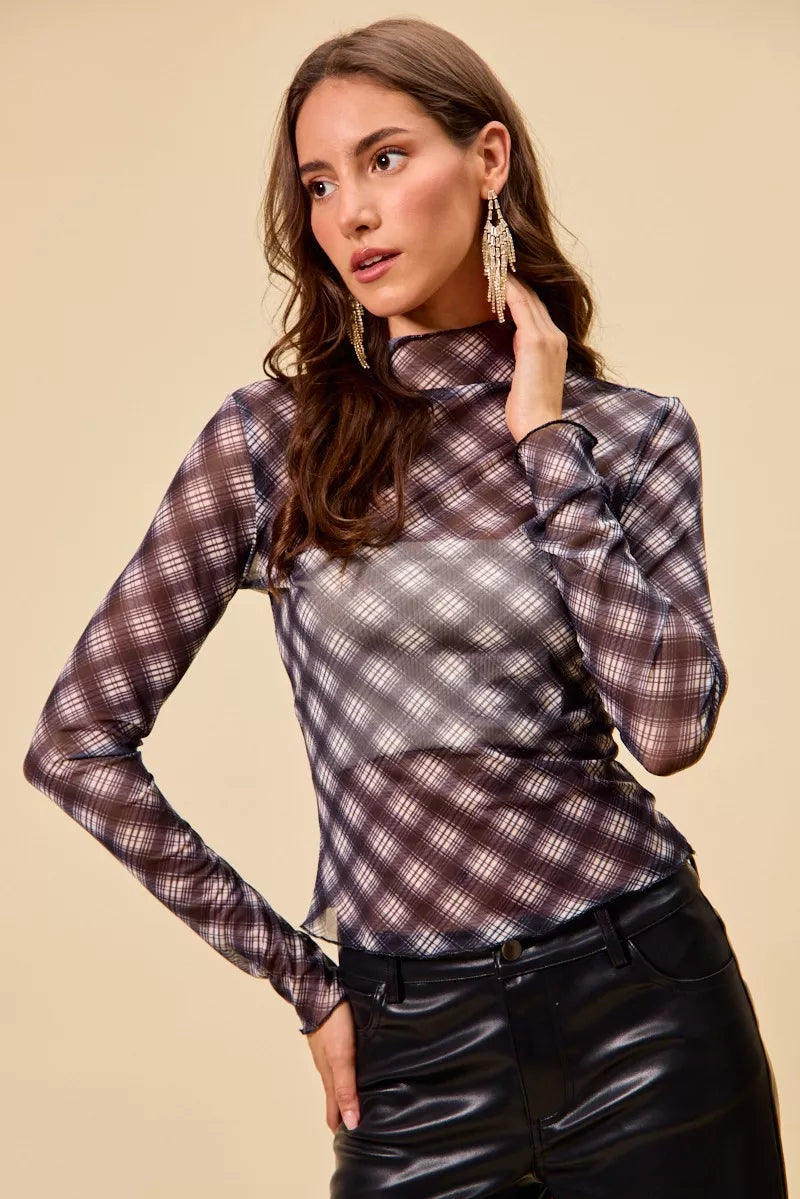 SO ME Plaid Mesh Knit Long Sleeve Top with Thumb Opening OutfitFlow