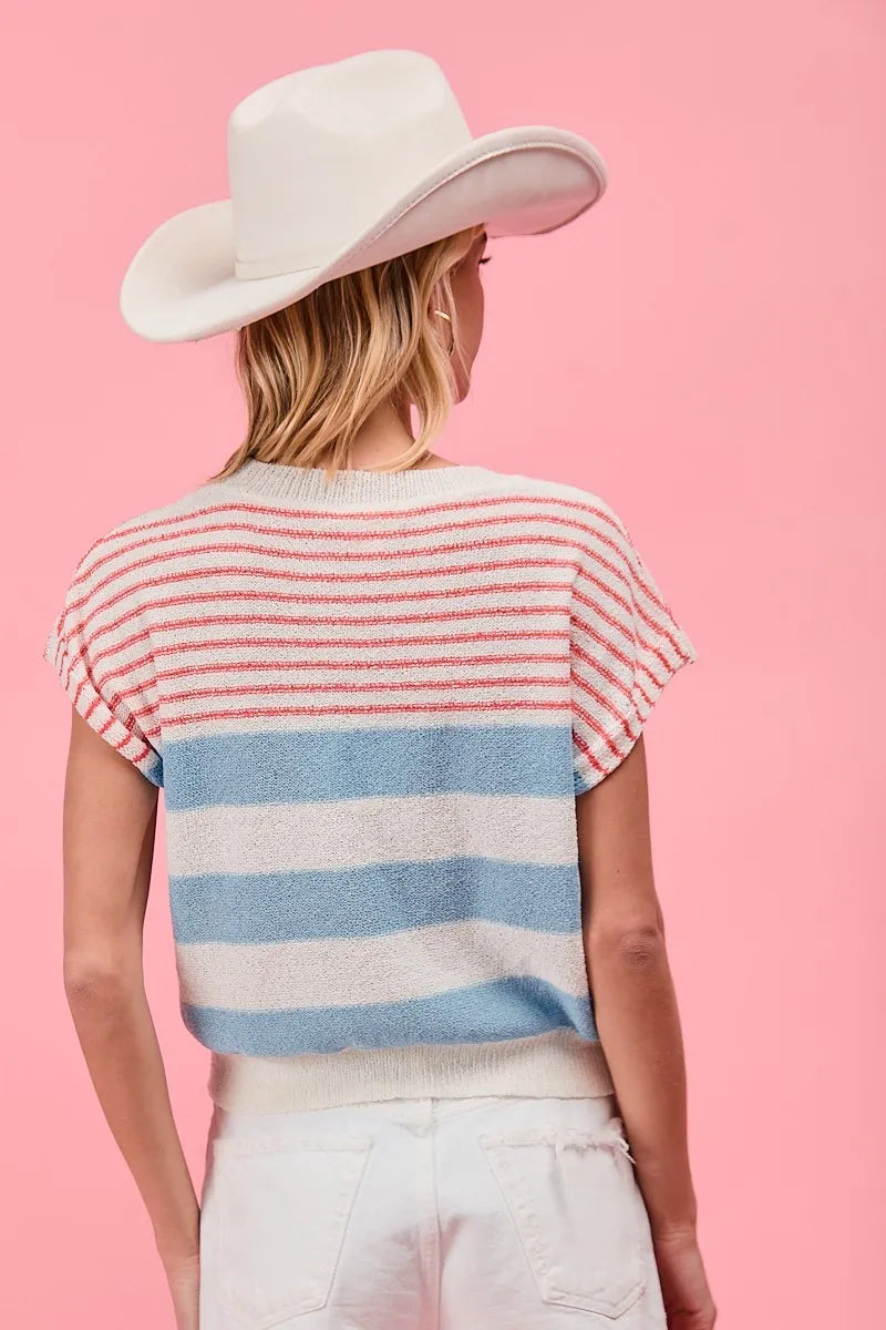 BiBi Stripes Lightweight Short Sleeve Sweater OutfitFlow