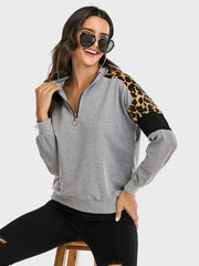 Outfit Flow - Perfee Contrast Leopard Half Zip Long Sleeve Sweatshirt