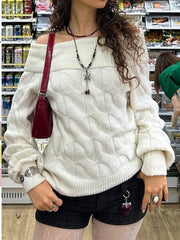 Cable Knit Off-Shoulder Sweater White Trendsi