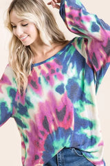 BiBi Tie Dye Print Terry Top with Puff Sleeves OutfitFlow