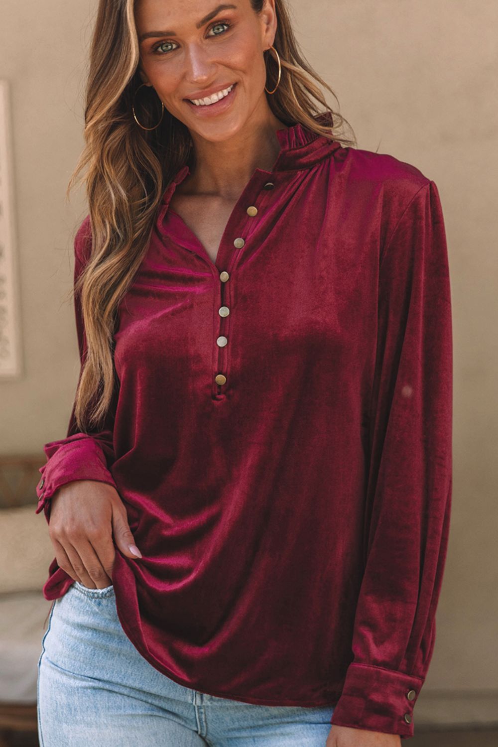 Outfit Flow - Frill Half Button Mock Neck Long Sleeve Blouse