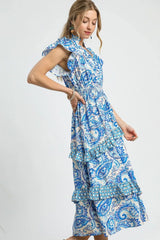 Umgee Paisley Print Ruffle Sleeve Midi Dress OutfitFlow