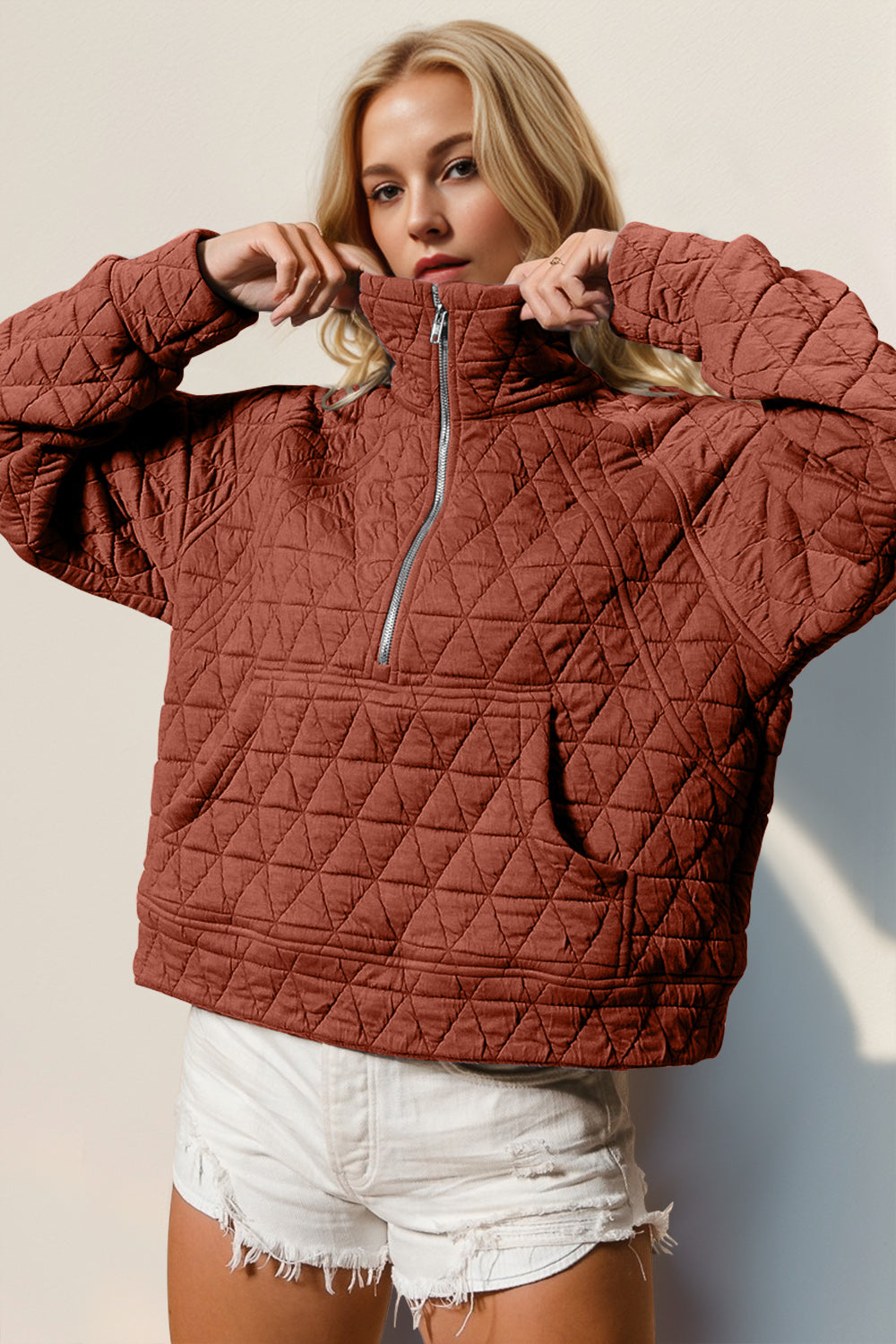 Outfit Flow - Double Take Half Zip Long Sleeve Quilted Sweatshirt with Pocket