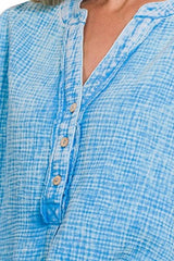 Zenana Washed Double Gauze 3/4 Button Henley Neck Shirt OutfitFlow