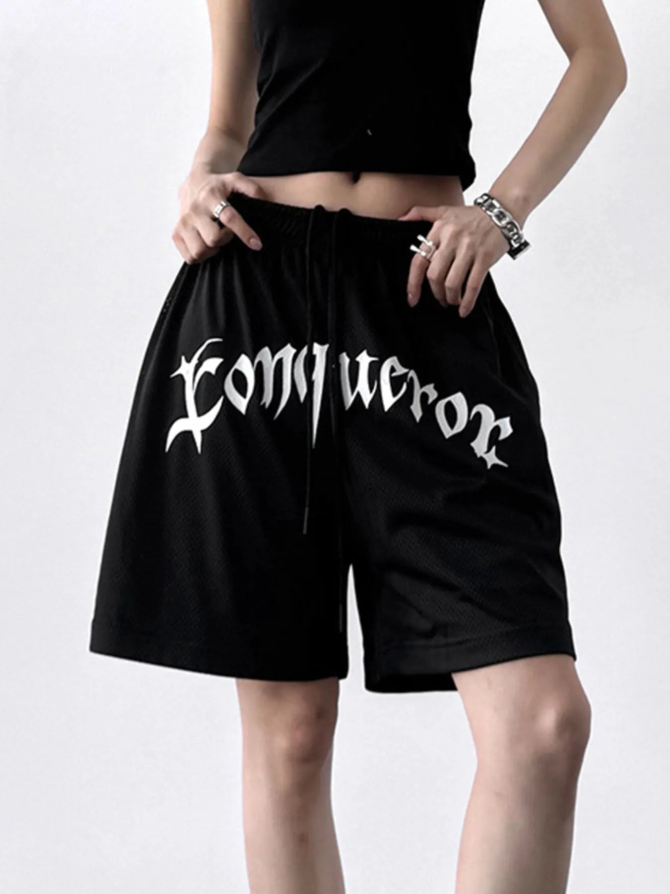 Drawstring Letter Shorts Black OutfitFlow