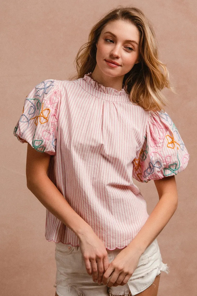 BiBi Embroidery Bubble Sleeve Top With Bottom Scallop Detail OutfitFlow