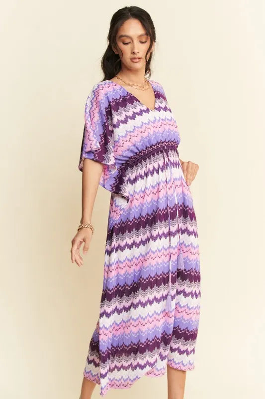 Davi & Dani Multi Color Wavy Tie Waist Flowy Sleeve Dress OutfitFlow