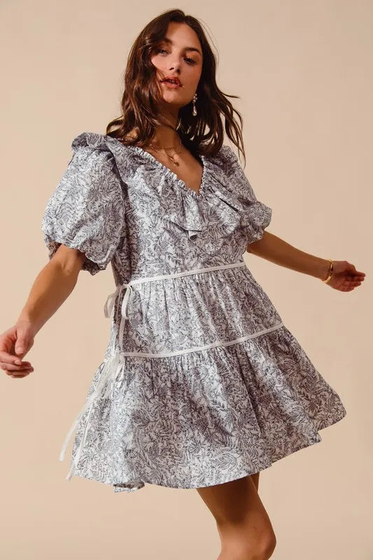 SO ME Cotton Printed Ruffle V Neckline Dress with Side Tie OutfitFlow