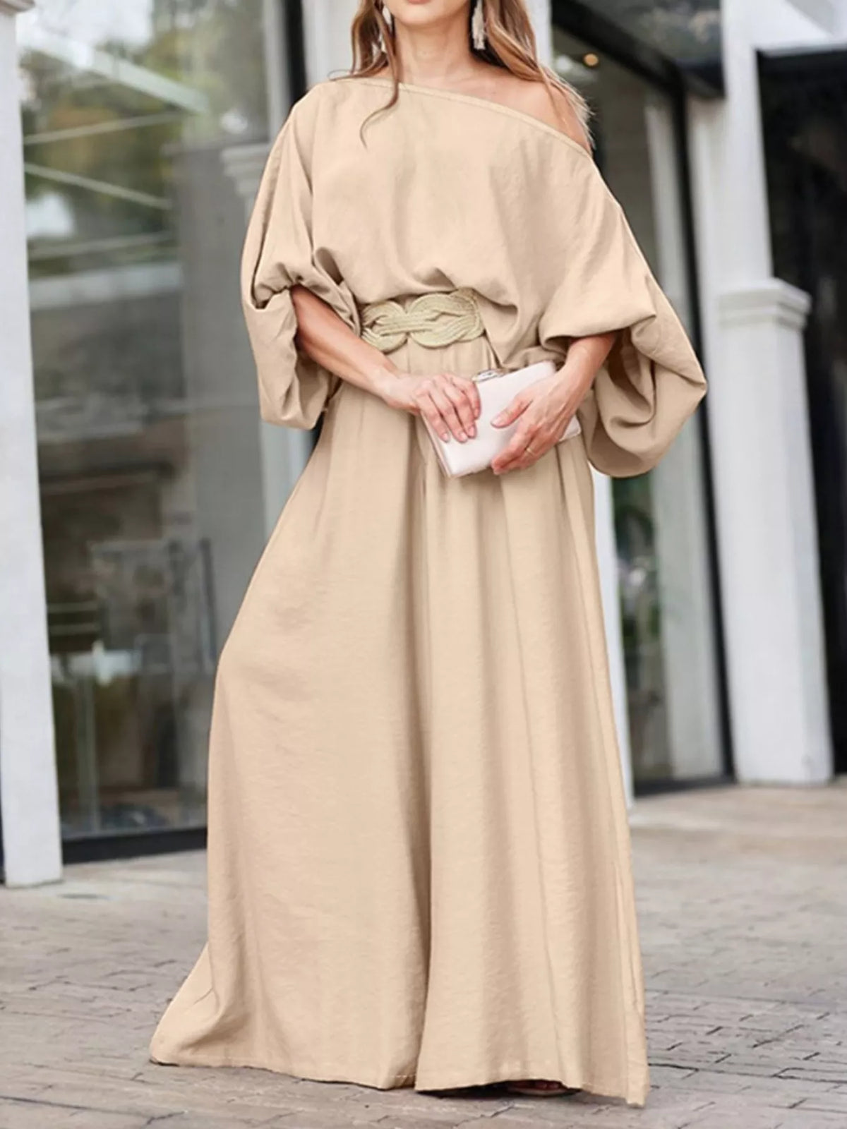 Plus Size One-Shoulder Top and Wide Leg Pants Set Tan OutfitFlow