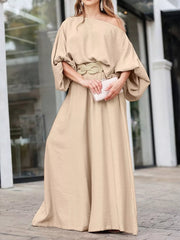 Plus Size One-Shoulder Top and Wide Leg Pants Set Tan OutfitFlow