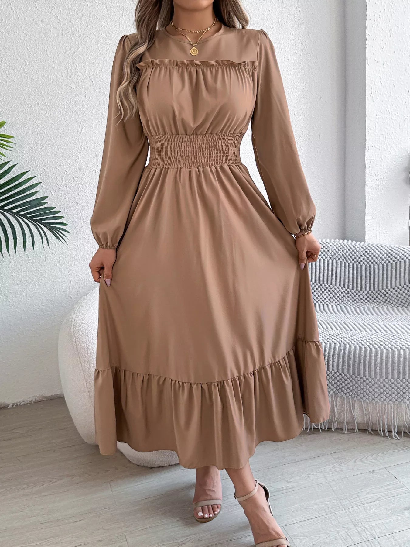 Round Neck Balloon Sleeve Tiered Dress OutfitFlow