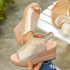 Peep Toe Wedge Sandals Gold OutfitFlow