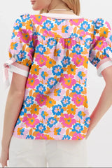 Floral Striped Edge V Neck Knotted Short Sleeve Blouse OutfitFlow