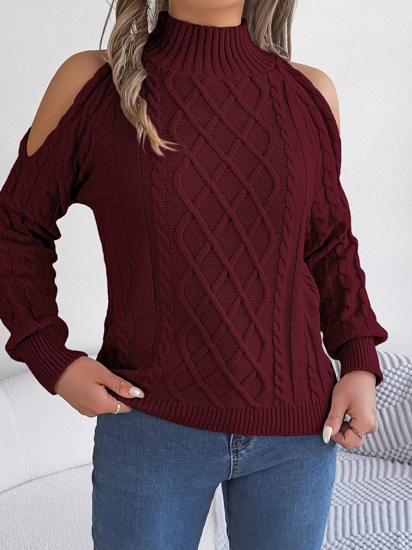 Cable Knit Cold Shoulder Turtleneck Sweater OutfitFlow