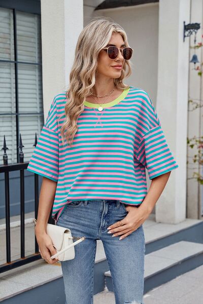 Contrast Striped Round Neck Half Sleeve T-Shirt Blue Pink OutfitFlow