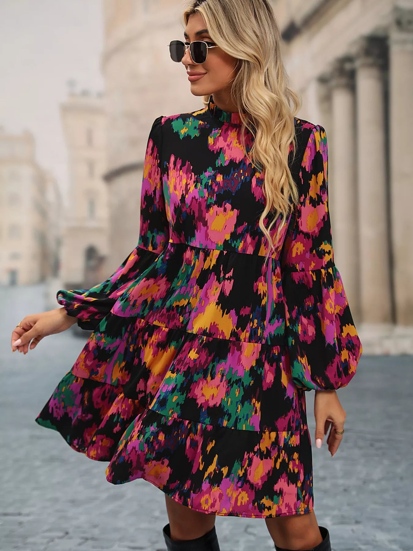 Printed Balloon Sleeve Mini Dress OutfitFlow
