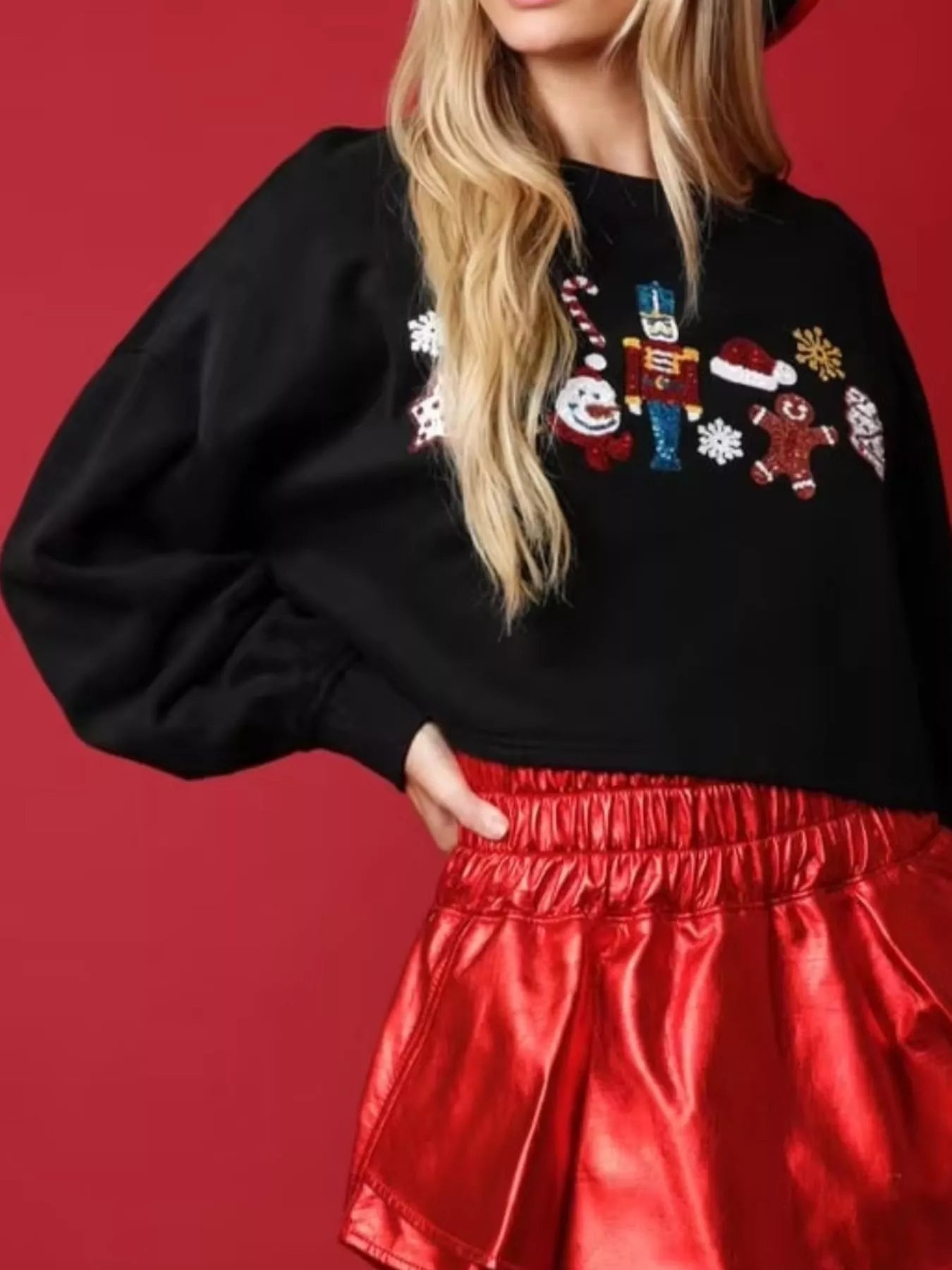 Christmas Sequin Cropped Sweatshirt Black OutfitFlow