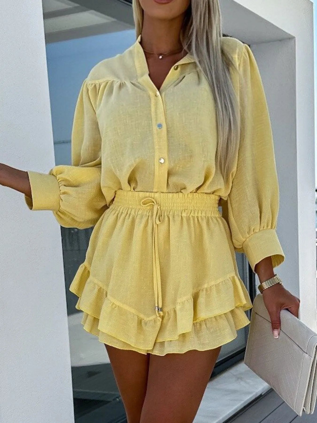 Button Up Top and Ruffled Skirt Set OutfitFlow