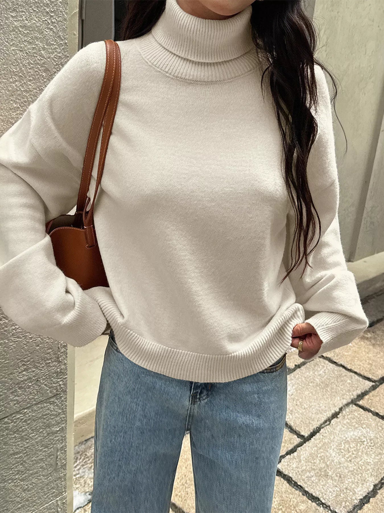 Turtleneck Long Sleeve Sweater White OutfitFlow