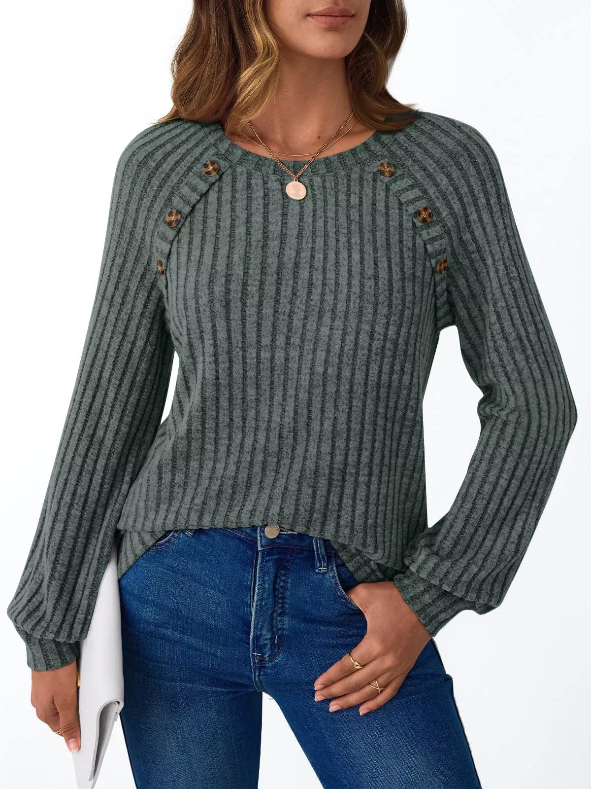 Ribbed Knit Decor Button Long Sleeve T-Shirt OutfitFlow