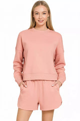 Zenana Fleece Long Sleeve Sweatshirts and Shorts Set Trendsi