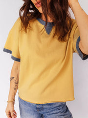 Contrast Trim Raw Hemline Short Sleeve Loose Top Trendsi