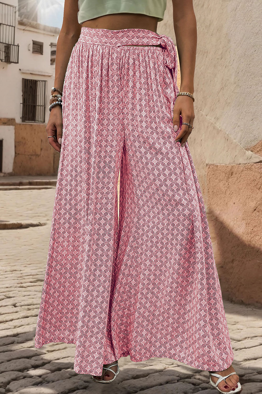 Perfee Printed Tied Wide Leg Pants Pink OutfitFlow