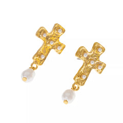 18K Gold-Plated Synthetic Pearl Cross Drop Earrings OutfitFlow
