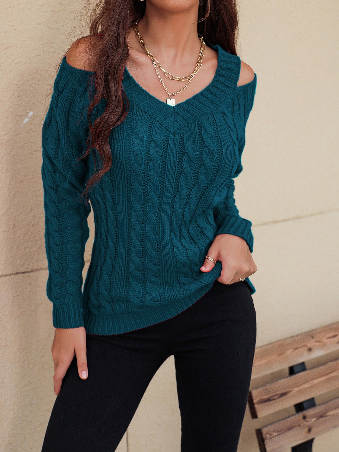 Outfit Flow - Honey Cable-Knit V-Neck Cold Shoulder Sweater