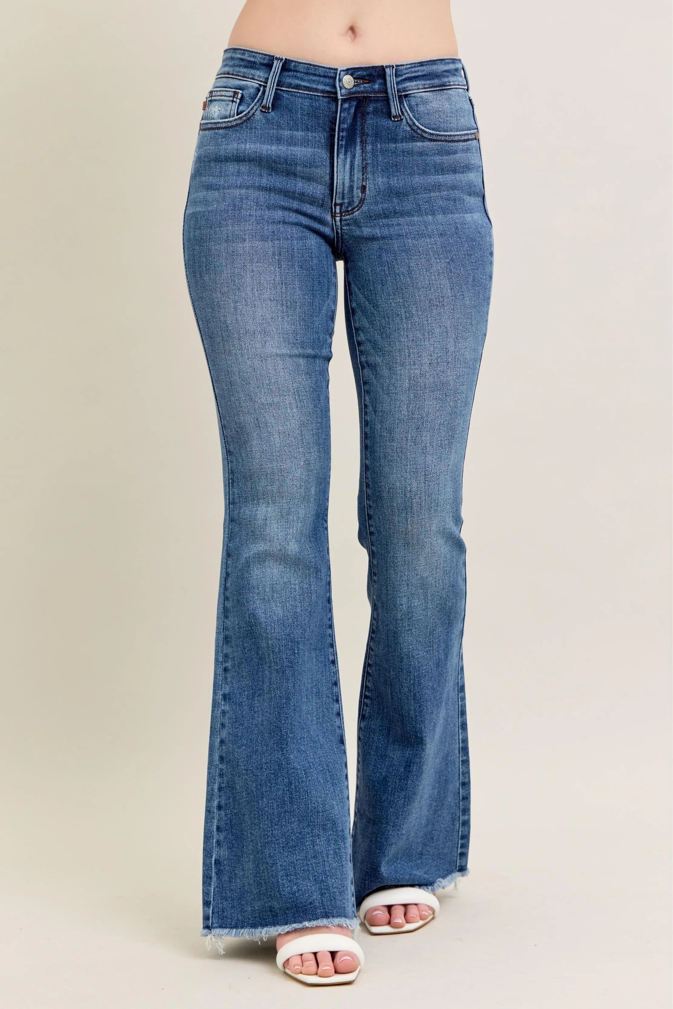 Judy Blue Full Size Mr Vintage Wash Flare Jeans W/ Destroy and Fray Hem Plus Size MD OutfitFlow