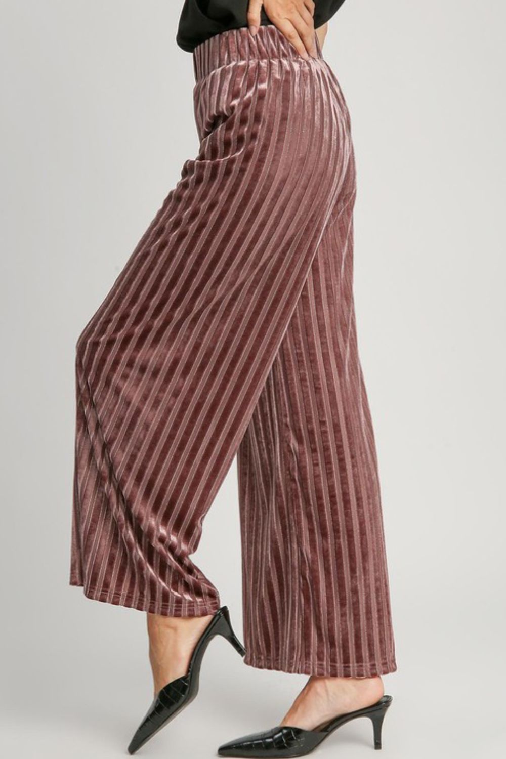 Umgee Full Size Elastic Waist Striped Wide Leg Velvet Pants