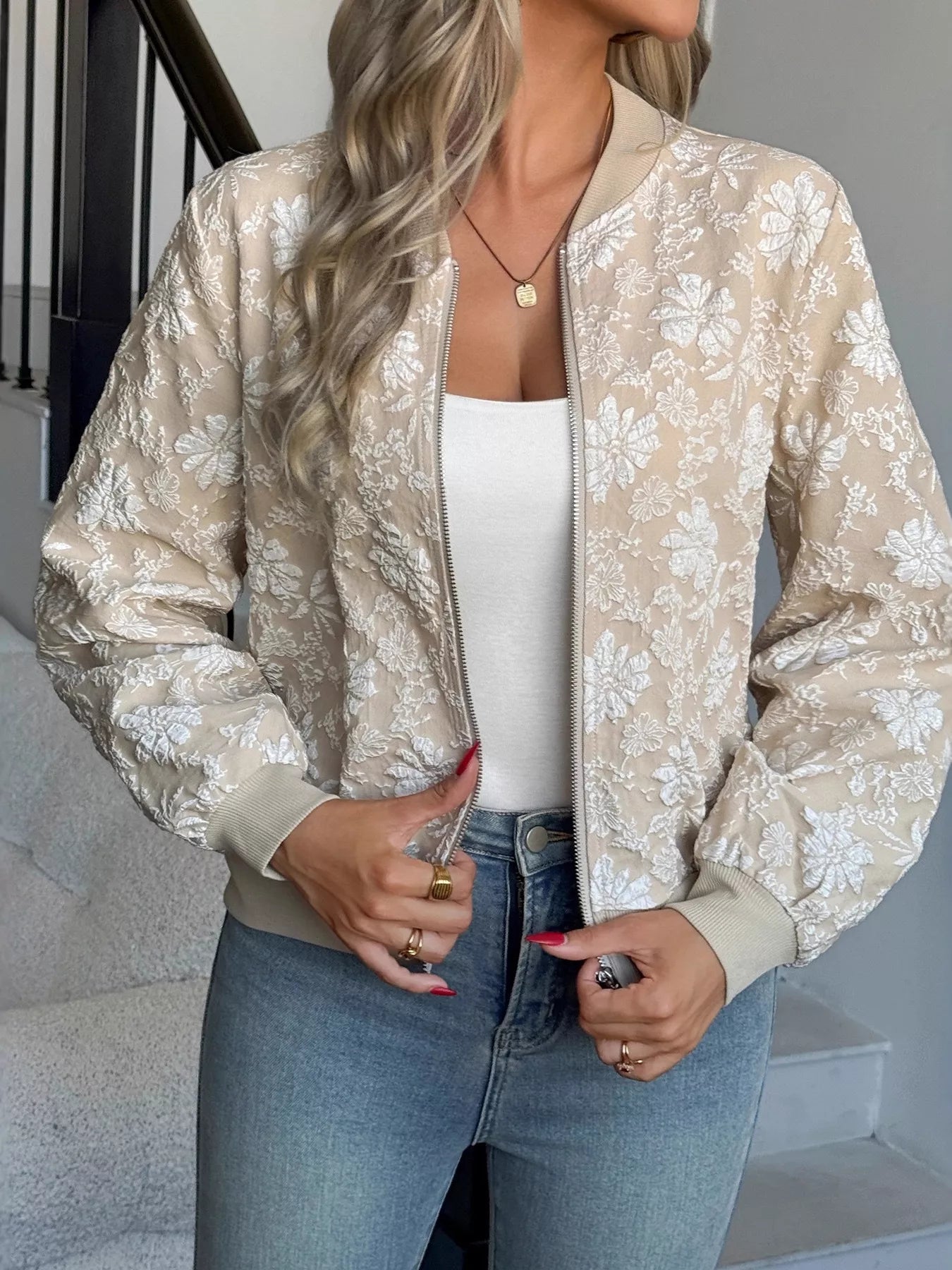 Floral Lightweight Zip Up Jacket Trendsi