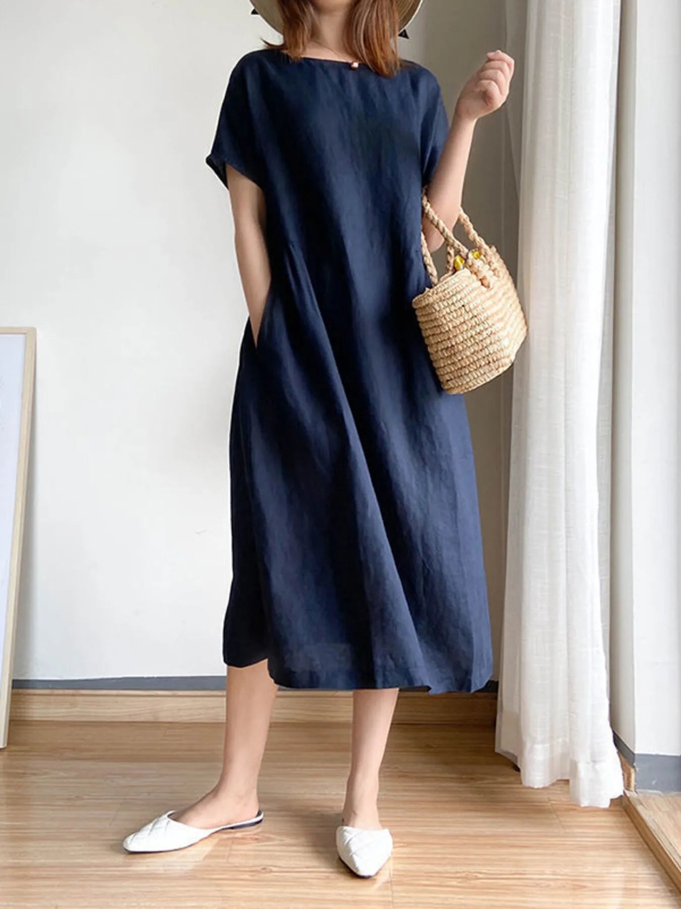 Full Size Casual Round Neck Midi Dress Plus Size Navy Blue OutfitFlow