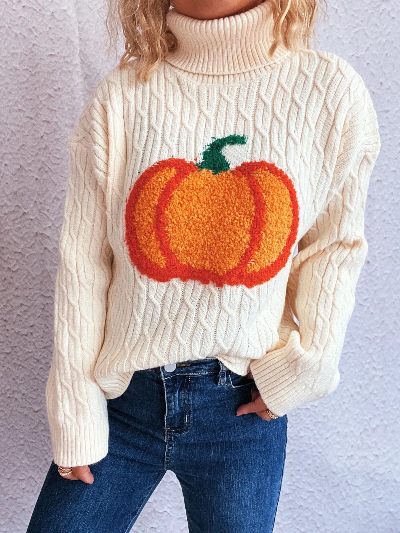 Pumpkin Turtleneck Long Sleeve Sweater OutfitFlow