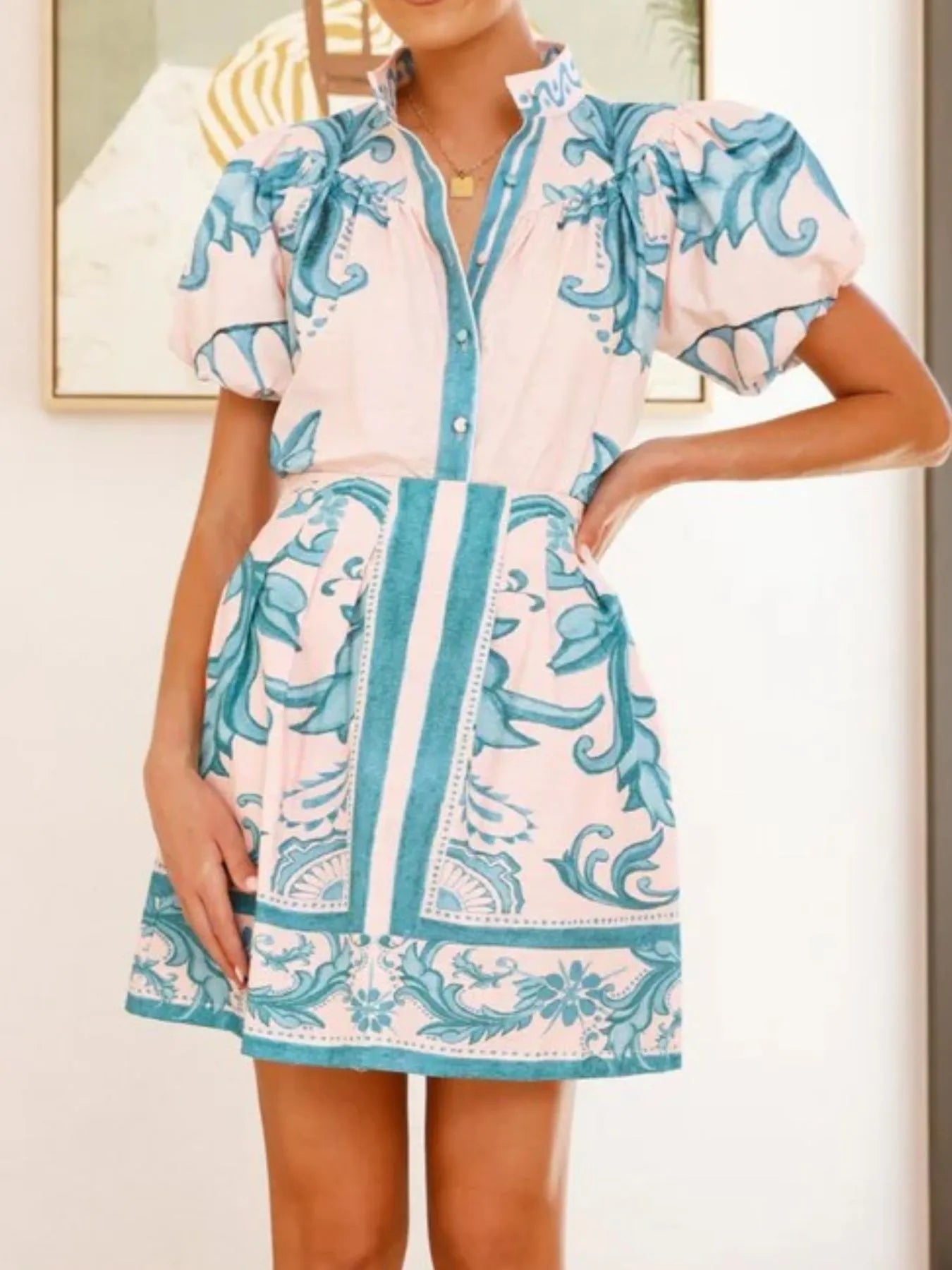 Puff Sleeve Printed Top and Zip Back Skirt Set OutfitFlow