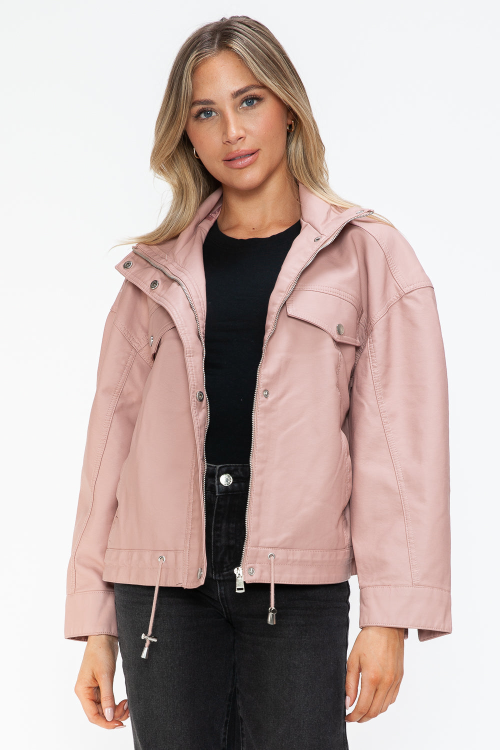 Outfit Flow - How Dare U Drawstring Hem PU Leather Zip Up Jacket