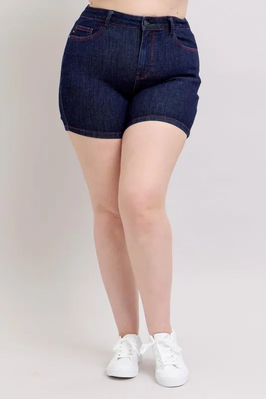 Judy Blue Full Size High Waist Heart Shaped Pkts & Red Contrast Thread Denim Shorts Plus Size OutfitFlow