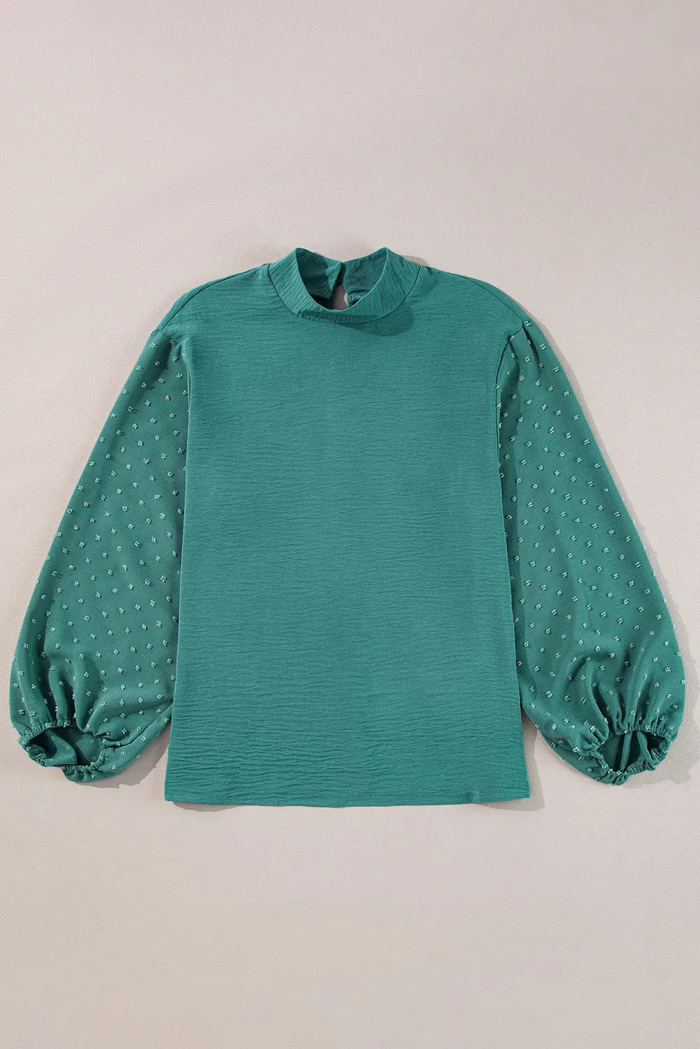 Swiss Dot Mock Neck Balloon Sleeve Blouse Teal OutfitFlow