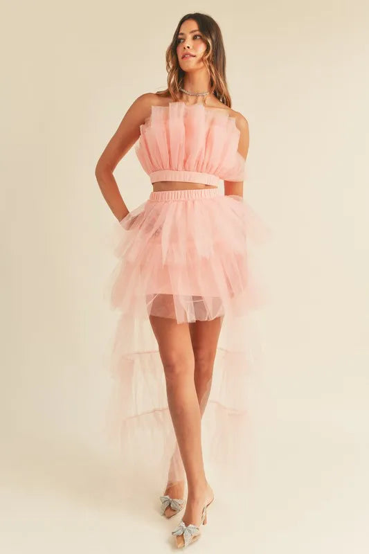 MABLE Tulle Tube Ruffle Crop Top and High Low Maxi Skirt Set OutfitFlow